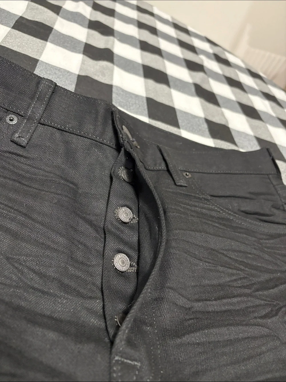 EXC Levi Levi's 501 Polished Black Button Fly Jeans Mens 36 x 36 Cotton Whiskers